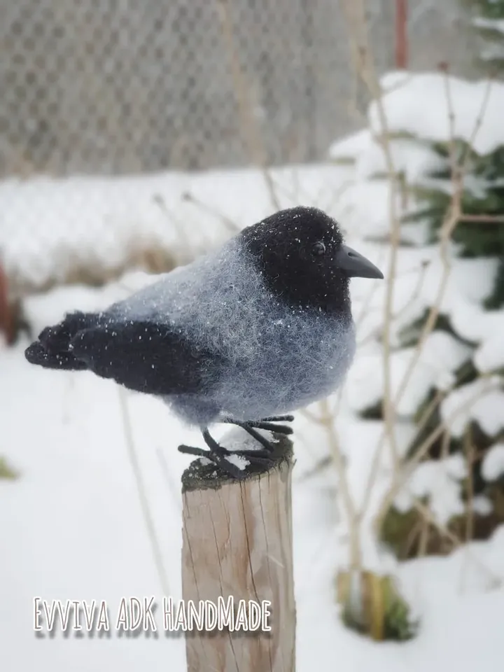 Gray crow. Natural wool sculpture