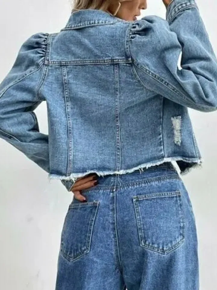 Women Ladies Puff Sleeve Raw Hem Pockets Button Front Crop Jean Denim Jacket