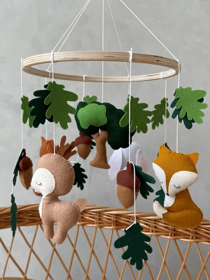 Woodland mobile baby nursery decor. Bunny dear fox mobile. Forest animals neutral baby mobile. Hanging crib mobile