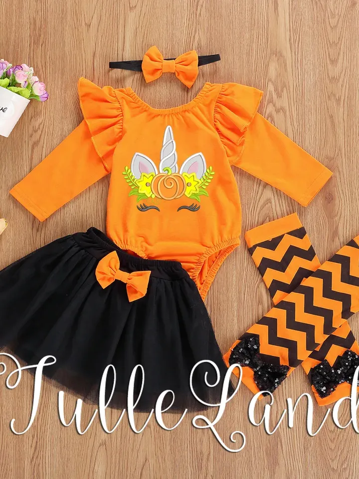 Unicorn  Halloween Pumpkin with Flowers Machine embroidery applique design