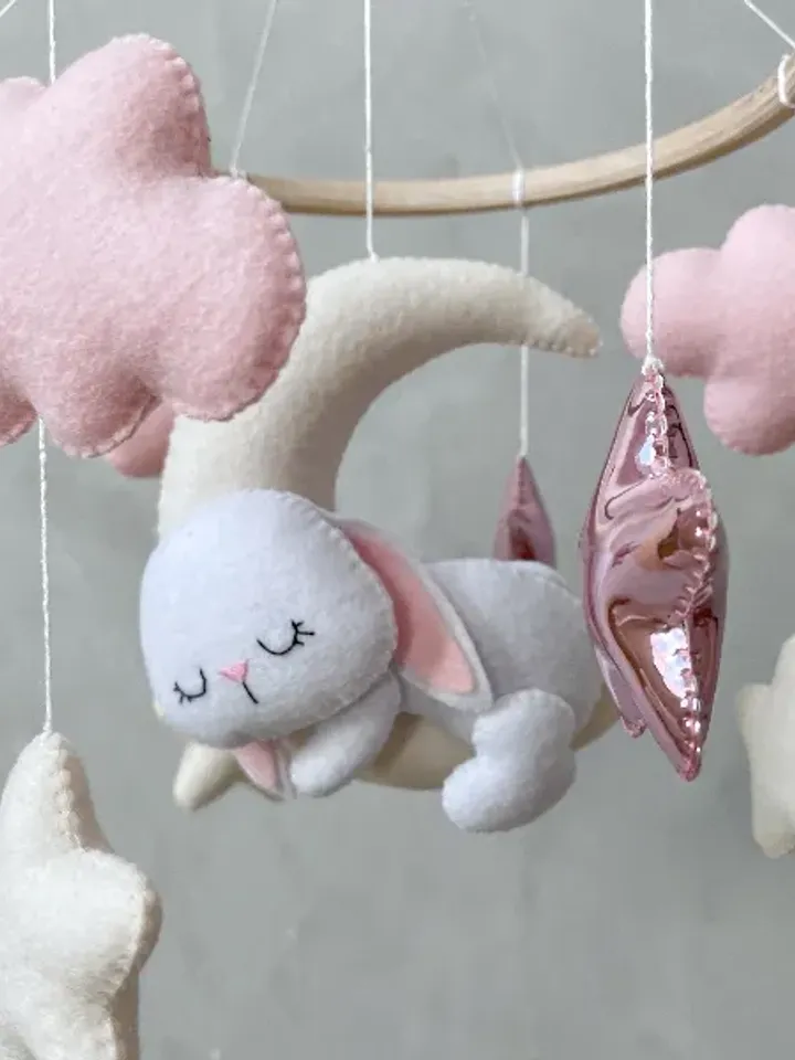 Bunny pink mobile baby girl. Woodland baby mobile. Bunny crib mobile girl. Nursery decor girl