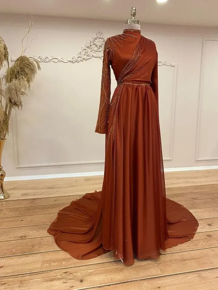 AHUNARE HIJAB - Şura Copper Tone Chiffon Tailed Wedding Dress, Muslim Evening Gown, Nikah, Islamic Wedding, Engagement, Bridesmaid,