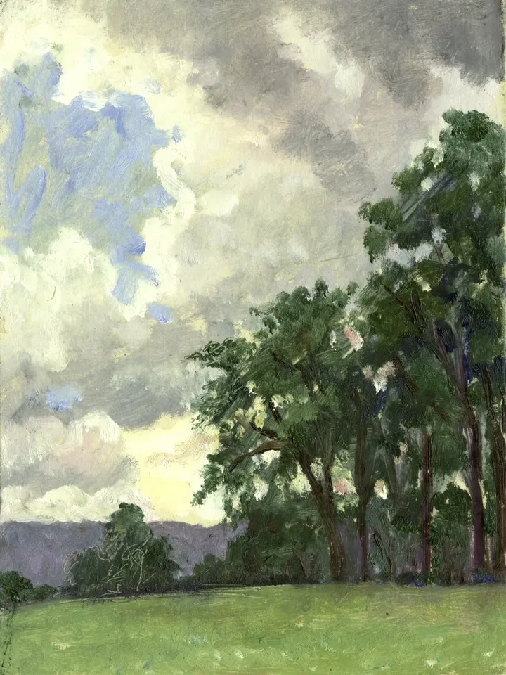 Tanglewood Landscape Painting - From Ozawa Hall- 6x8 Oil on Panel, Berkshires Plein Air Impressionist Art, Signed Original