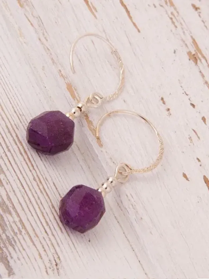Textured Sterling Silver Hoop Earrings with Raw Afghan Rubies
