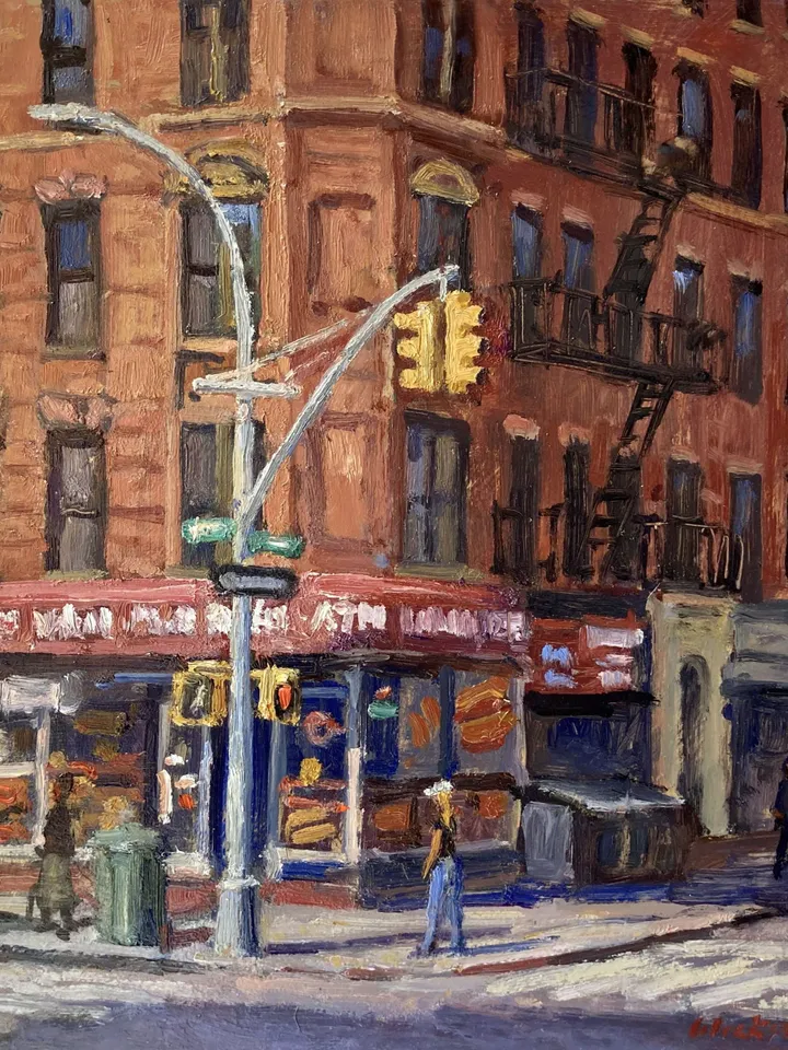 Original East Village Cityscape - From Avenue B and 4th St/NYC - 12x12 Oil on Panel, New York Urban Impressionist Landscape, Signed Original