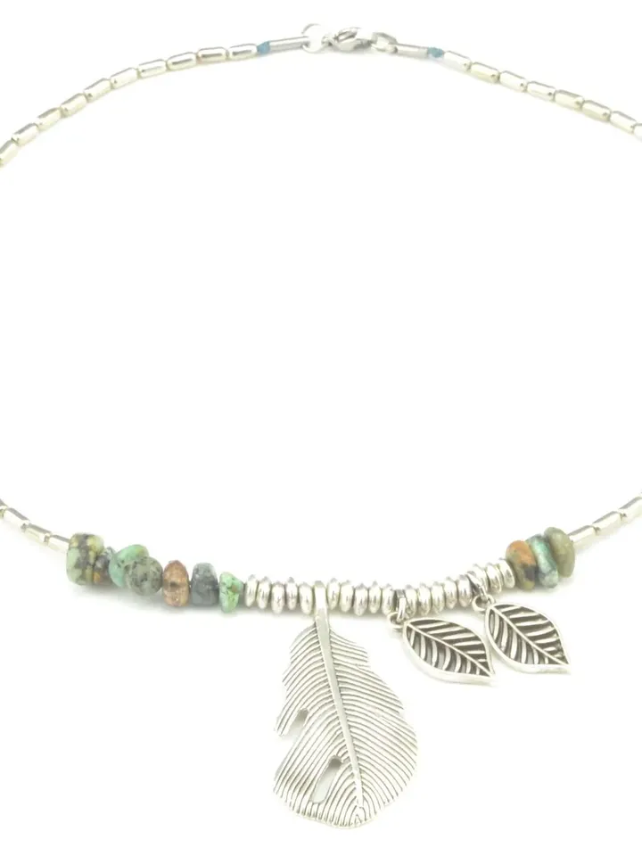 Leaf Necklaces for Women, African Turquoise Beads Necklace Leaves Leaf Pendant, Boho Bohemian Tribal Jewelry, Earth Nature Gift for Women