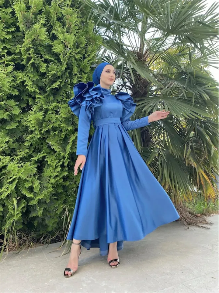 Defne Ahunare Blue Satin Shoulder Detail Wedding Dress, Muslim Evening Gown, Nikah, Islamic Wedding, Engagement, Bridesmaid, Maxi Dress