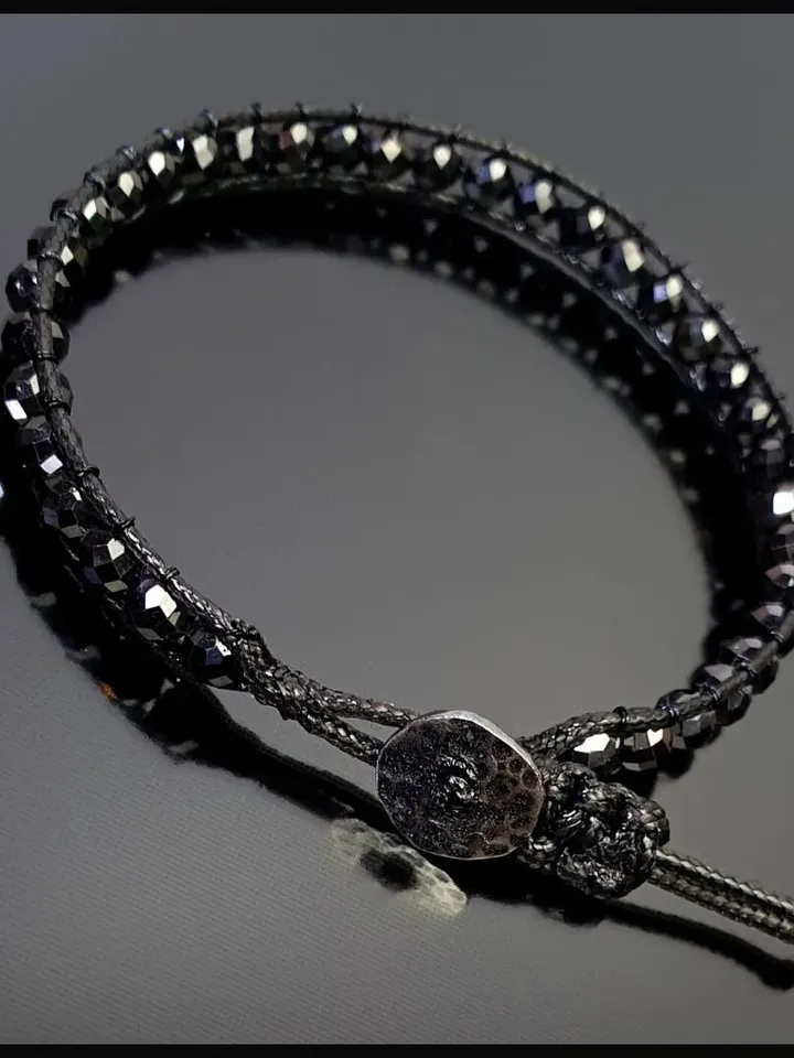 Black Zircon Crystal Bracelet with Solid Silver Button, Black Color Shining Slim Jewelry Design, Valentine' Gifts For Women, Men