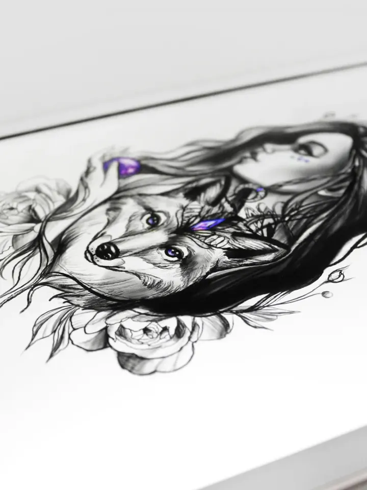 Wolf And Girl Tattoo Design Wolf Tattoo Design Woman Portrait Tattoo Sketch, Instant download JPG, PDF, PNG