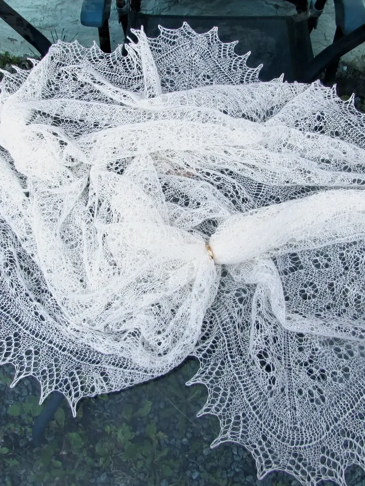 Heirloom, Shetland, Christening, Jackie Shawl, Hand Knit, cobweb, 48" square