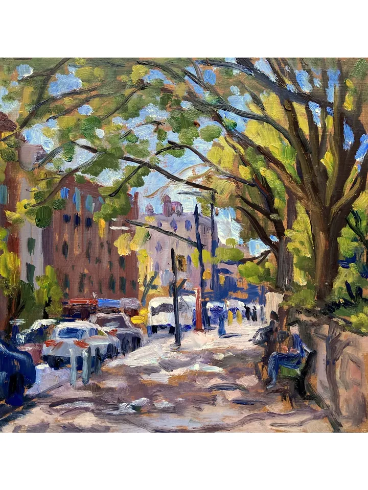 Original New York Oil Painting - Summer Light/Inwood/NYC- 10x10 Oil on Panel, Plein Air Impressionist Cityscape, Signed Original Fine Art
