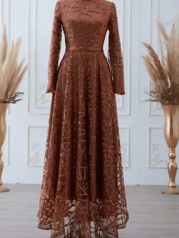 Parıltı brick color silvery embroidered Ahunare Wedding Dress, Muslim Evening Gown, Islamic Wedding, Engagement, Bridesmaid, Maxi Dress