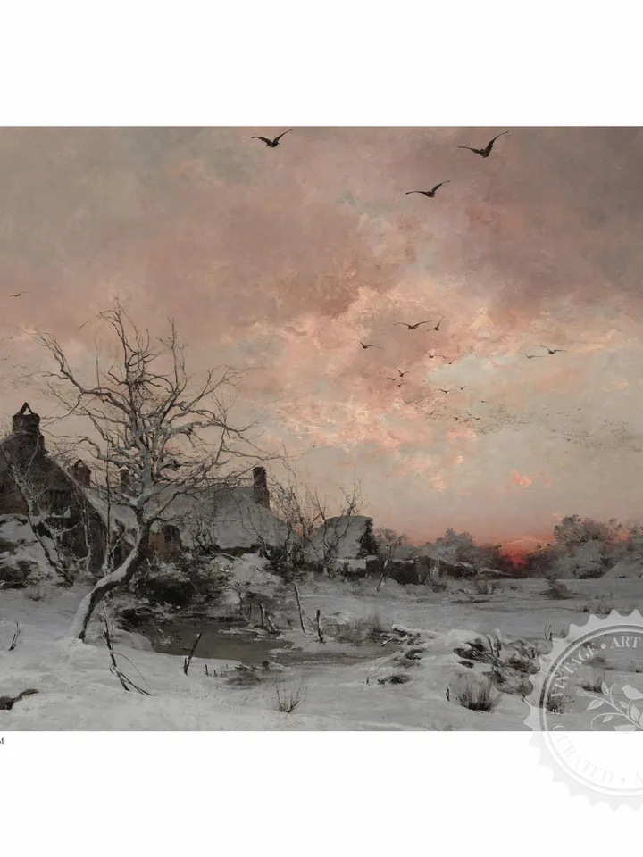 Antique Winter Village Painting, Evening Landscape Printable Art, Vintage Wall Decor, Downloadable | 393