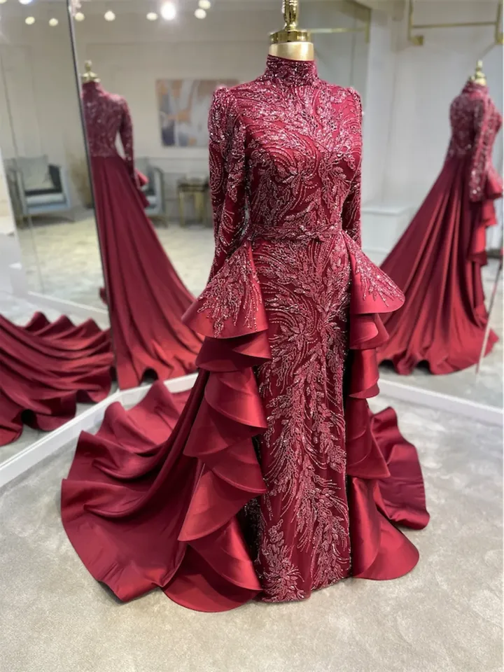 AHUNARE HIJAB - Çiçek Red Mermaid Tailed Embroidered  Wedding Dress, Muslim Evening Gown, Nikah, Islamic Wedding, Engagement, Bridesmaid,