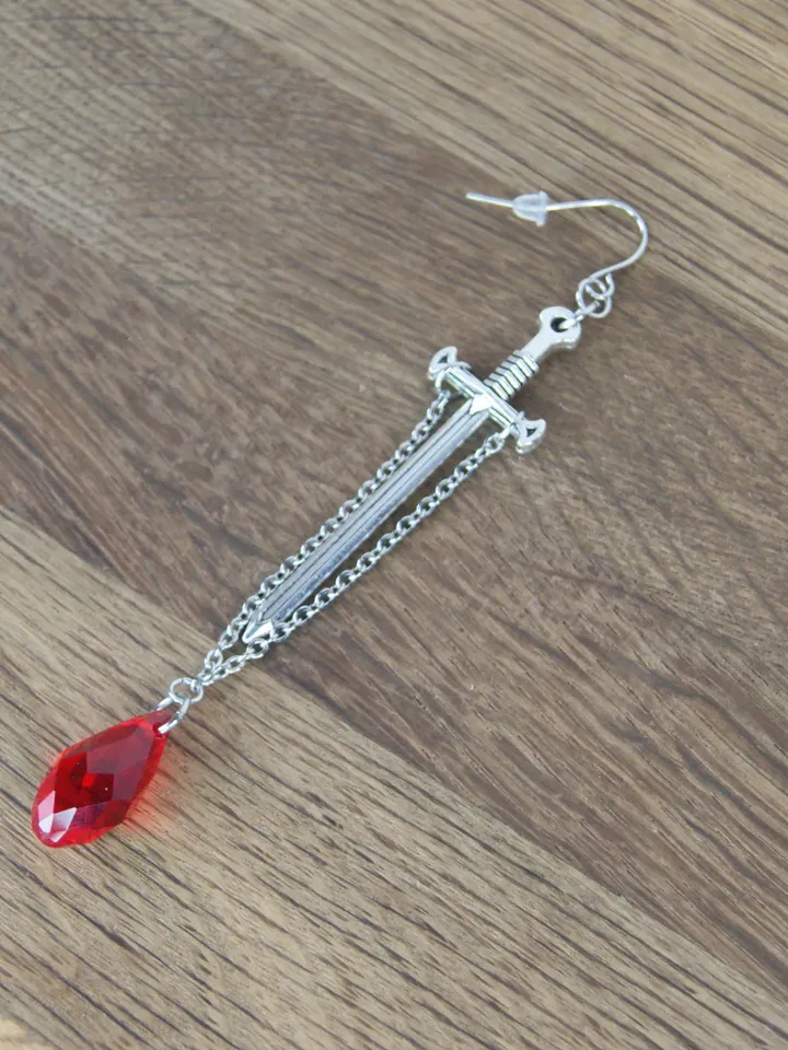 Single sword earring with red crystal Double piercing anime earring with chain Goth sword earring transforming