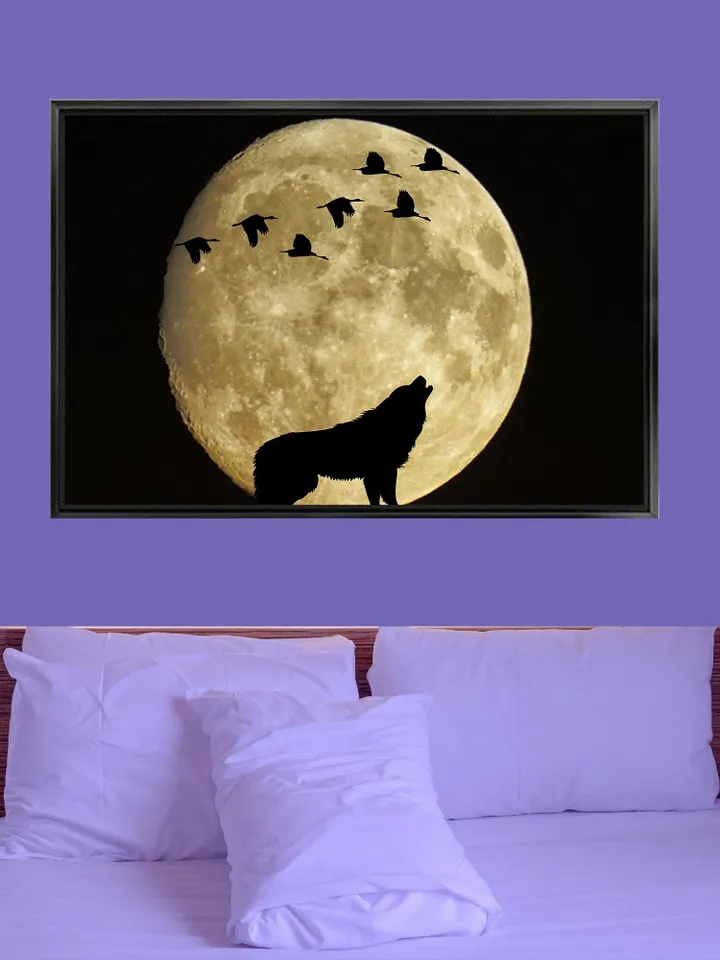 Fullmoon & Wolf Print on Canvas , Floating Frame Option, Modern Wall Art, Extra Large Canvas Wall Art