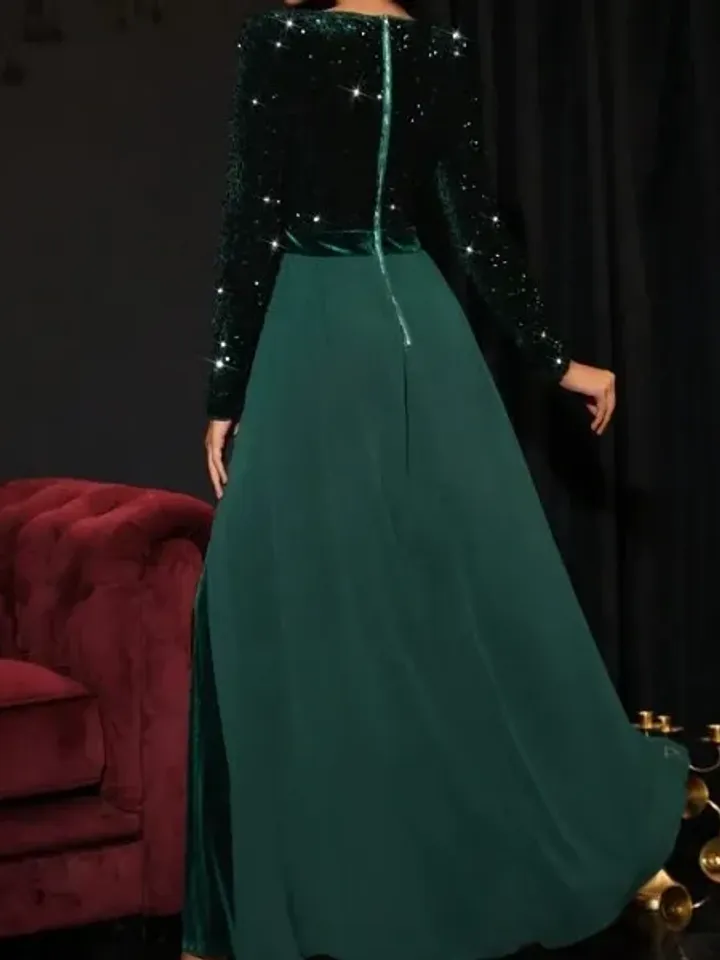 Sequin Velvet V Neck Long Sleeve Flare Leg Jumpsuit With Mesh Skirt Party Prom Cocktail Wedding Evening Women Ladies