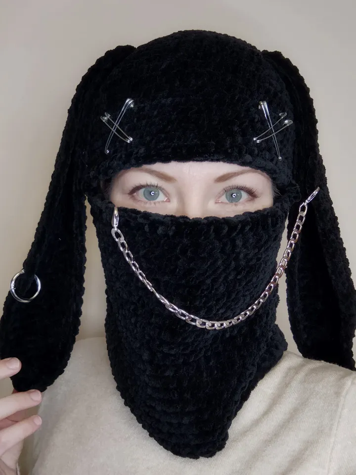 Black bunny balaclava crochet Balaclava with bunny ears Halloween bunny full face mask Creepy bunny balaclava
