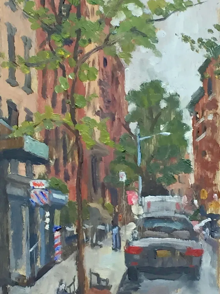 Small East Village Cityscape Painting - 7th St Rain/NYC - 5x10 New York Urban Impressionist Fine Art, Original Plein Air Realist Landscape