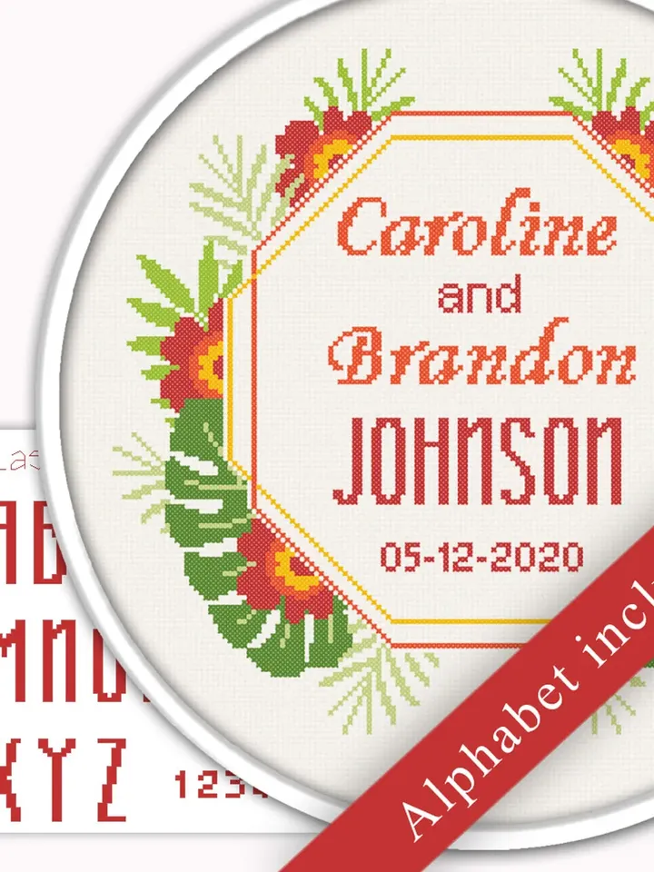 DIY. Wedding announcement cross stitch pattern. Flower frame cross stitch.