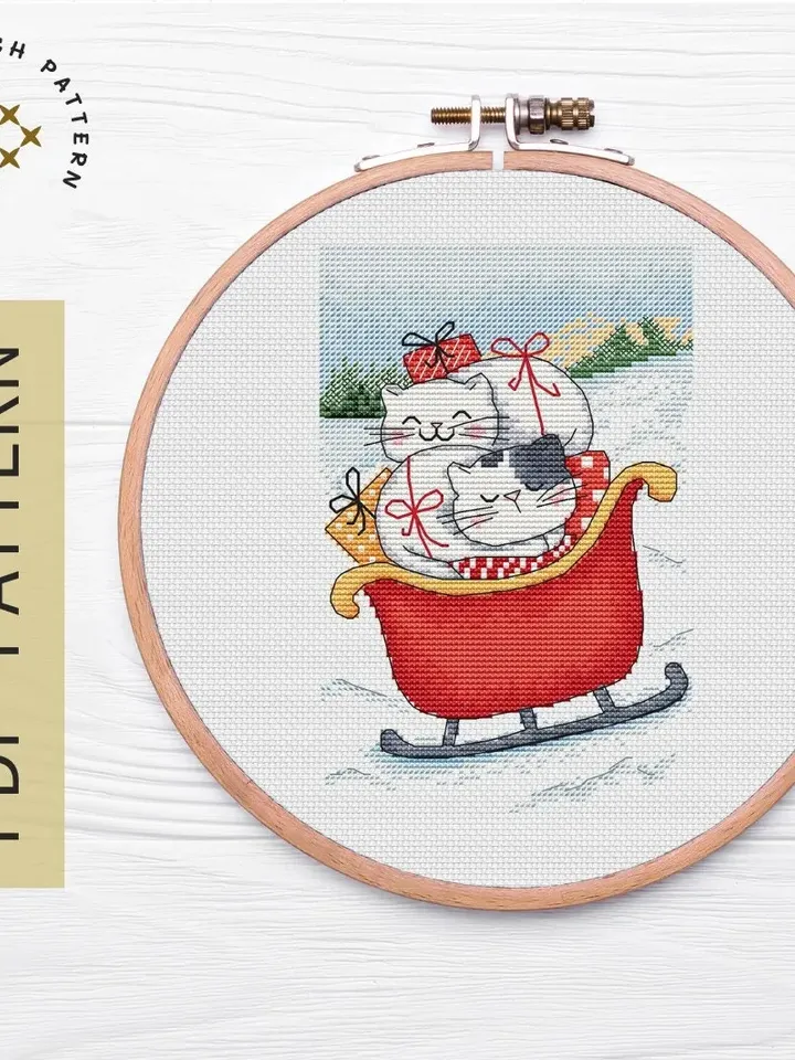 Christmas Cats Cross stitch pattern PDF, Merry Christmas pattern, Cute Cats Cross Stitch, Holiday Winter Decor Design PDF File
