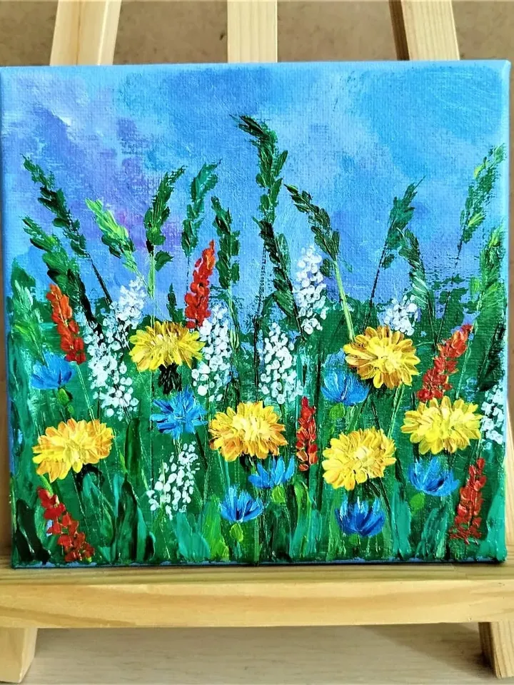 Wildflowers acrylic painting dandelion wall art impasto