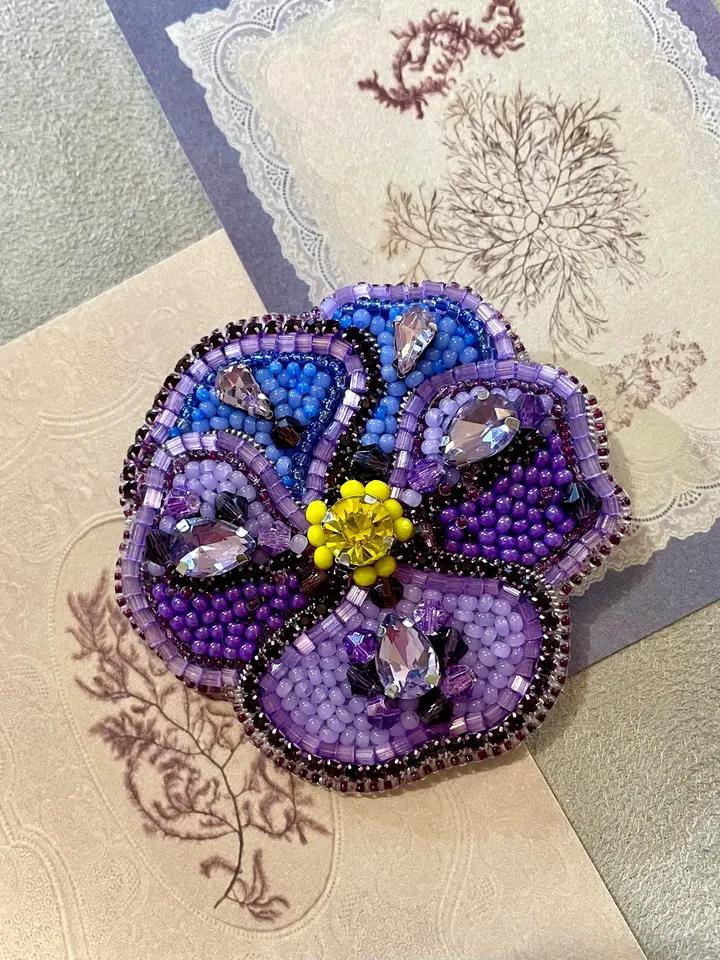 Violet Beaded Brooch, Handmade Embroidered Accessory, Pin Purple Viola, Flower Brooch, Floral Jewelry, Handmade Brooch