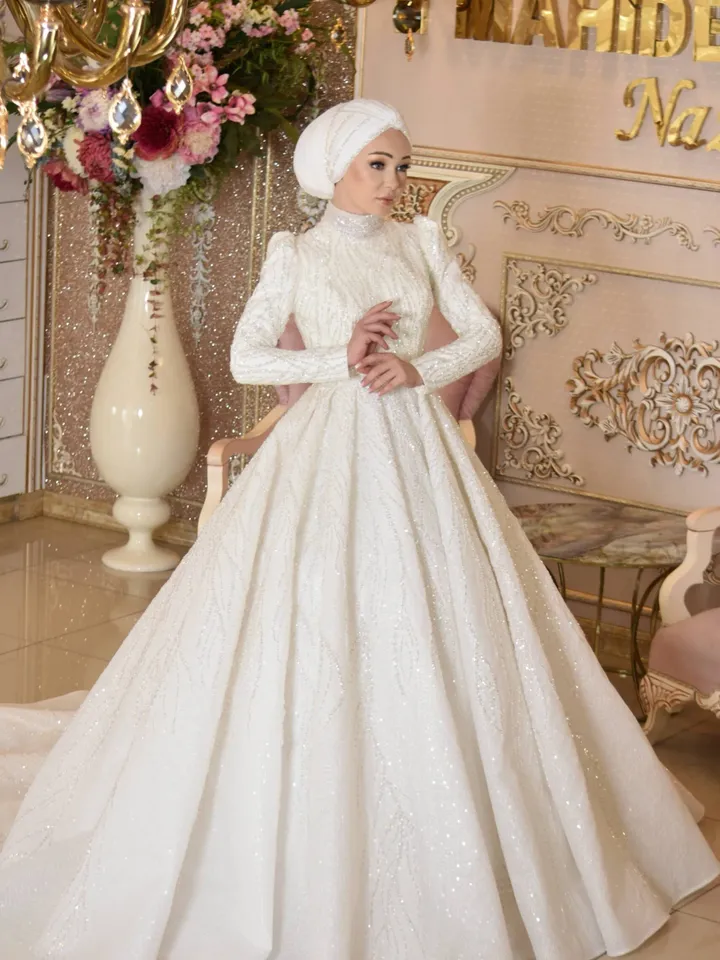 Gülşah White Embroidered Bright Princess Wedding Gown, Bridal, Muslim Wedding, Hijab Wedding, White Wedding Dress, Islamic Wedding