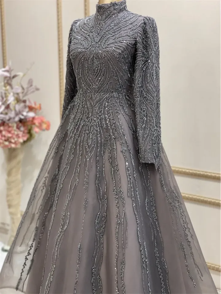 AHUNARE HIJAB - Masal Yarım Daire Smoked Embroidered Wedding Dress, Muslim Evening Gown, Nikah, Islamic Wedding, Engagement, Bridesmaid,