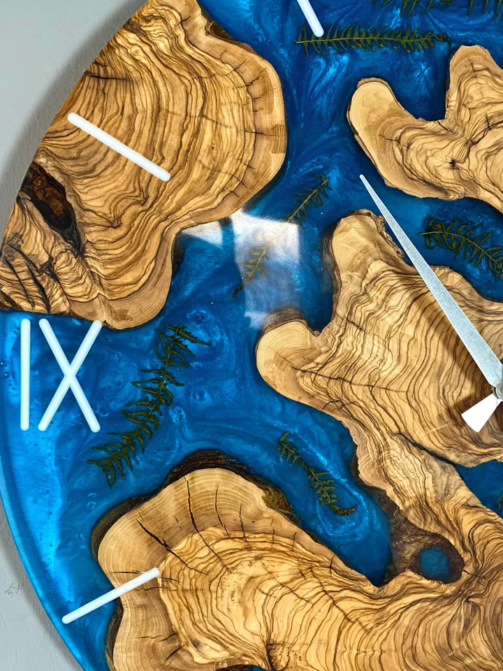 Blue Epoxy Olive Wood Wall Clock, Large Wood Wall Clock, Home gift, Resin Clock, Personalized Clock