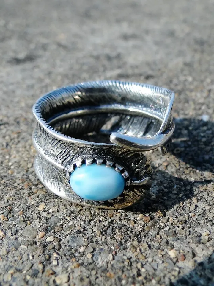 Bohemian Tribal Ethnic Ring, Native American Feather Ring, Sterling Silver Tribal Ring, Larimar Ring, Statement Rings, Bohemia, Western Ring