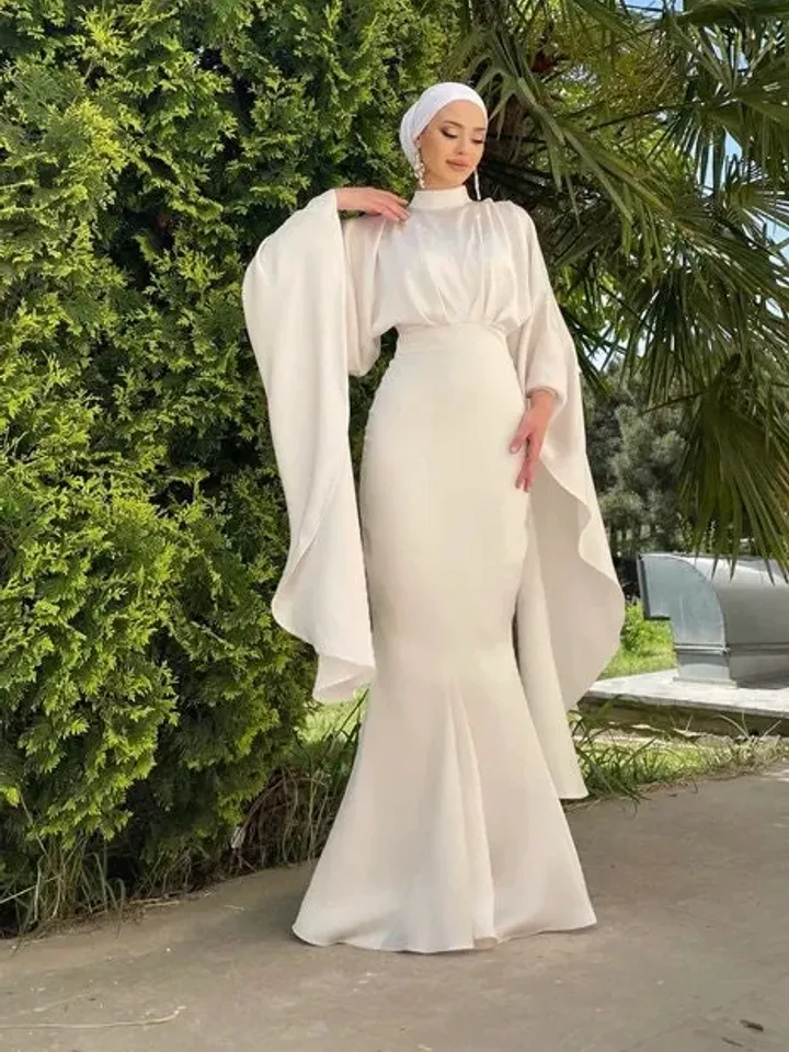 AHUNARE HIJAB - Erva White Mermaid Satin Wedding Dress, Muslim Evening Gown, Nikah, Islamic Wedding, Engagement, Bridesmaid,