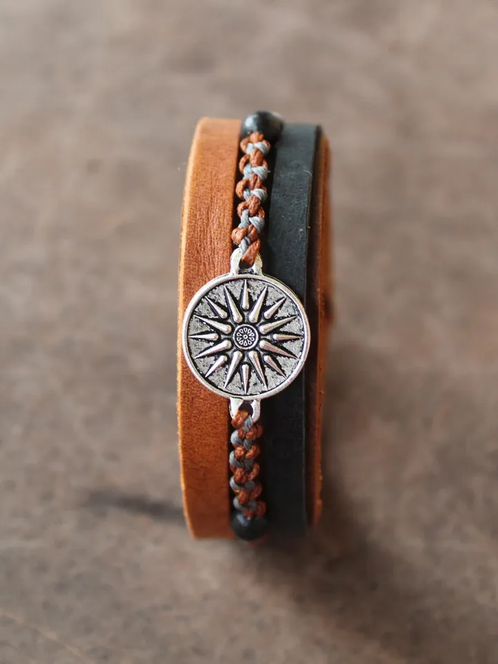 Vergina Sun, Men Leather Strap Bracelet, Double Sided Charm, Alexander the Great, Greek Leather Bracelet, Multistrand, Macrame, Gift for Him