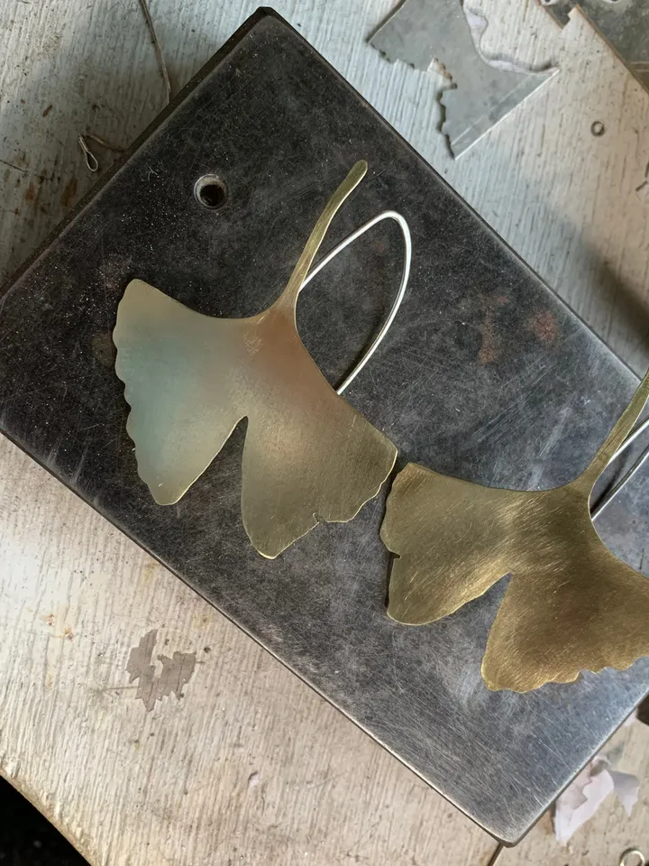 Ginkgo earrings brass yellow copper and silver