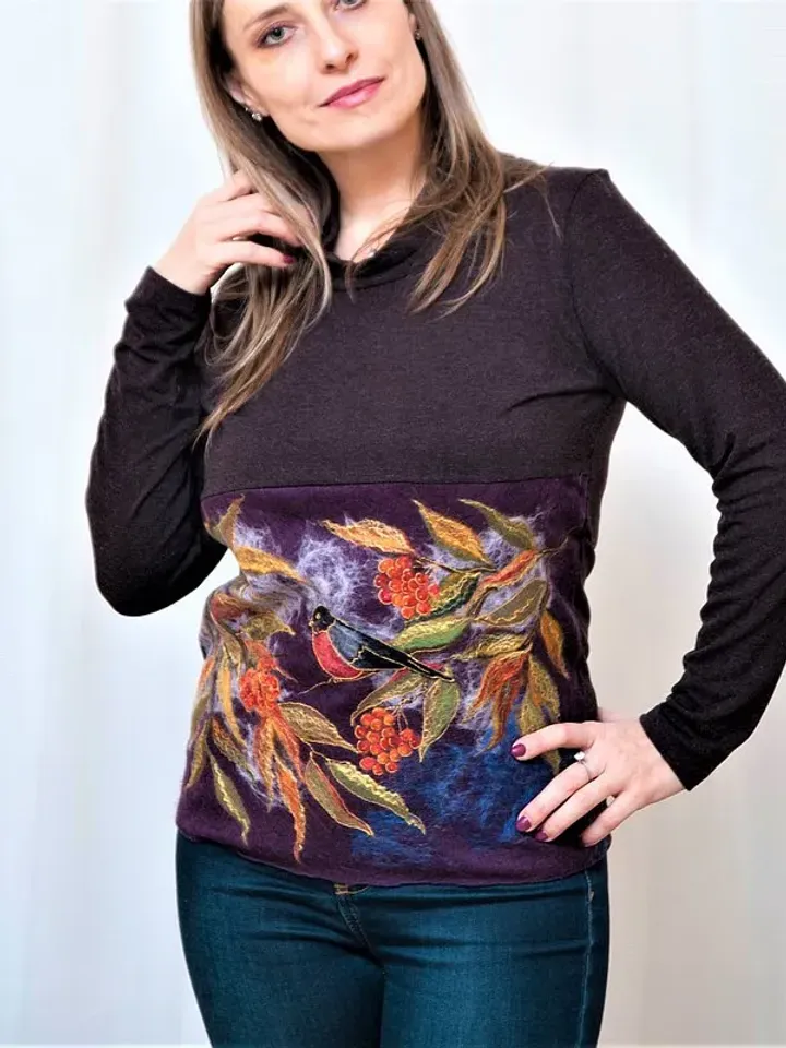 Handmade clothes, Wool felt sweater original design, Sweater bullfinch pattern