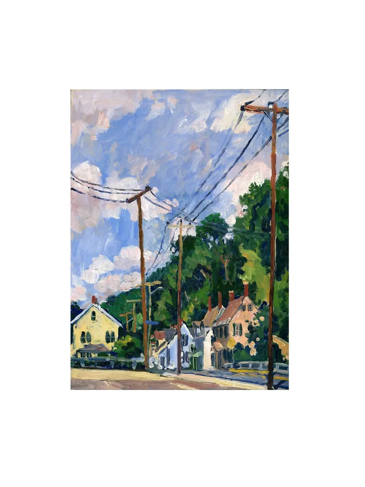 Original Landscape Painting - Houses and Poles/July - 9x12 Oil on Panel, Plein Air Impressionism, Signed Contemporary American Fine Art
