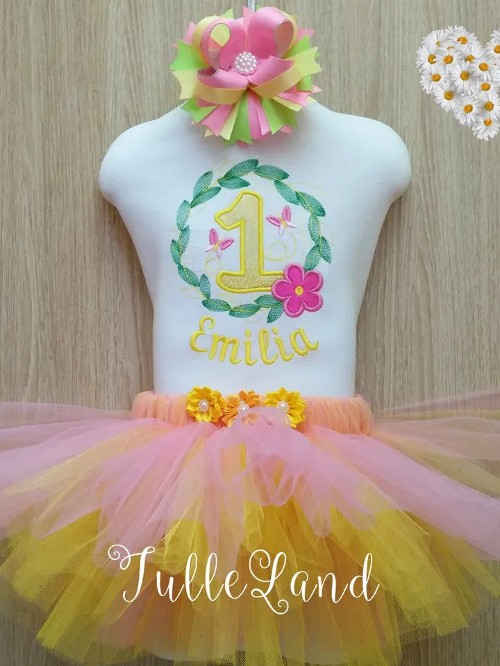 Number One with Flowers Cute Butterfly My 1st Birthday for girl Design Applique for Machine Embroidery