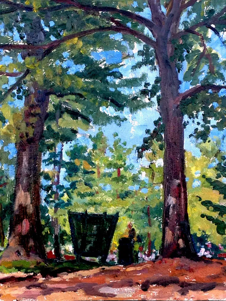 Original Tanglewood Landscape Painting - Under the Pines - 10x10 Oil on Panel, Plein Air Berkshires Impressionism, Signed American Fine Art