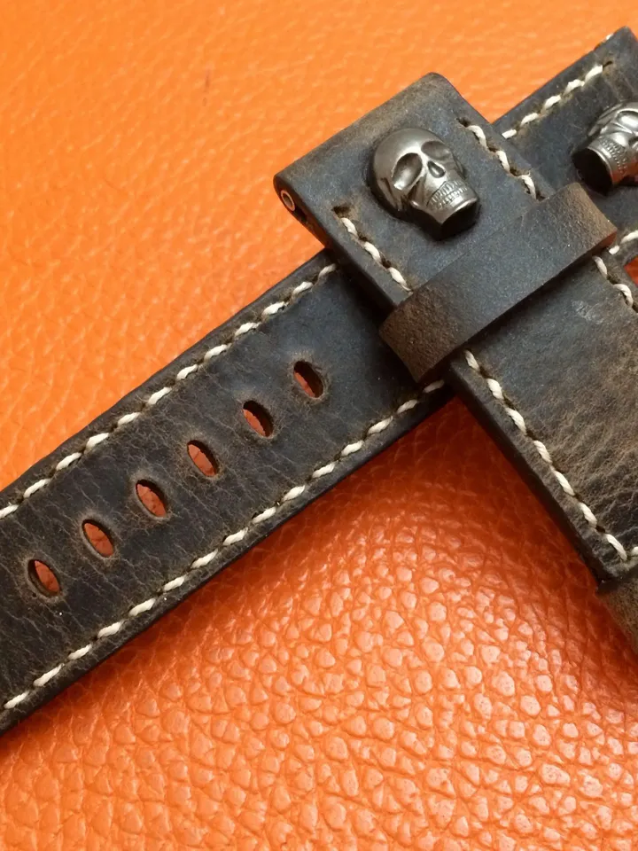 Genuine Leather Brown Watch Straps in 24mm, Skull Sterling Silver Stud, Mens Wristwatch Band 26mm, Watch Accessories, Personalise Gift Ideas
