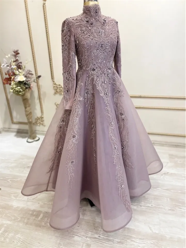 AHUNARE HIJAB - Lal Lilac Embroidered Wedding Dress, Muslim Evening Gown, Nikah, Islamic Wedding, Engagement, Bridesmaid,