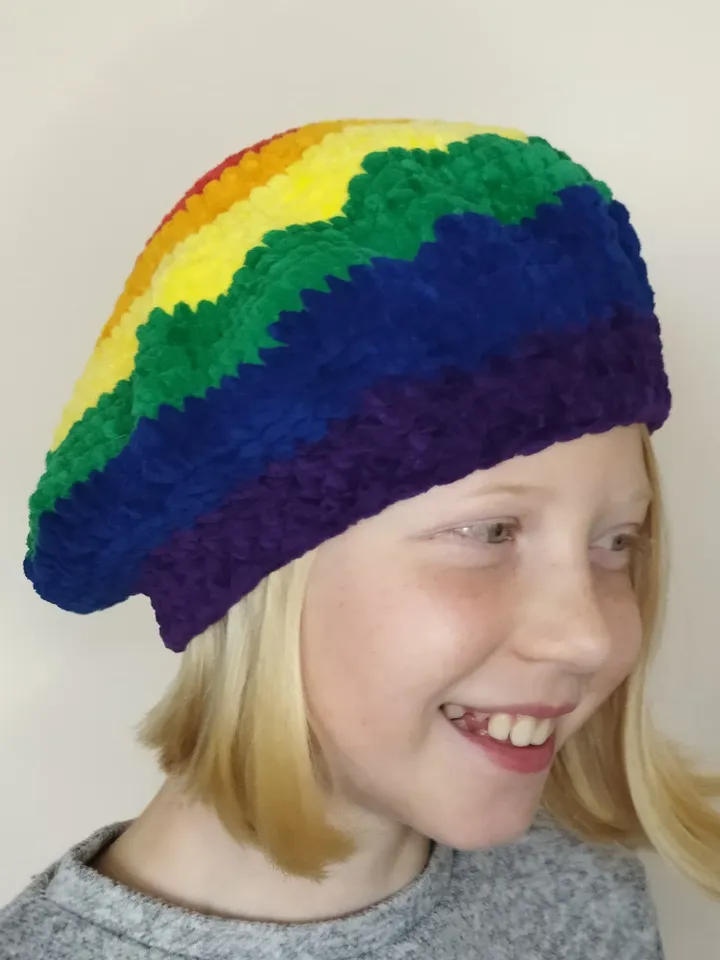 Rainbow beret hat crochet. French beret for teens. Lgbtq pride beret hat. Fluffy beret hat hand knit