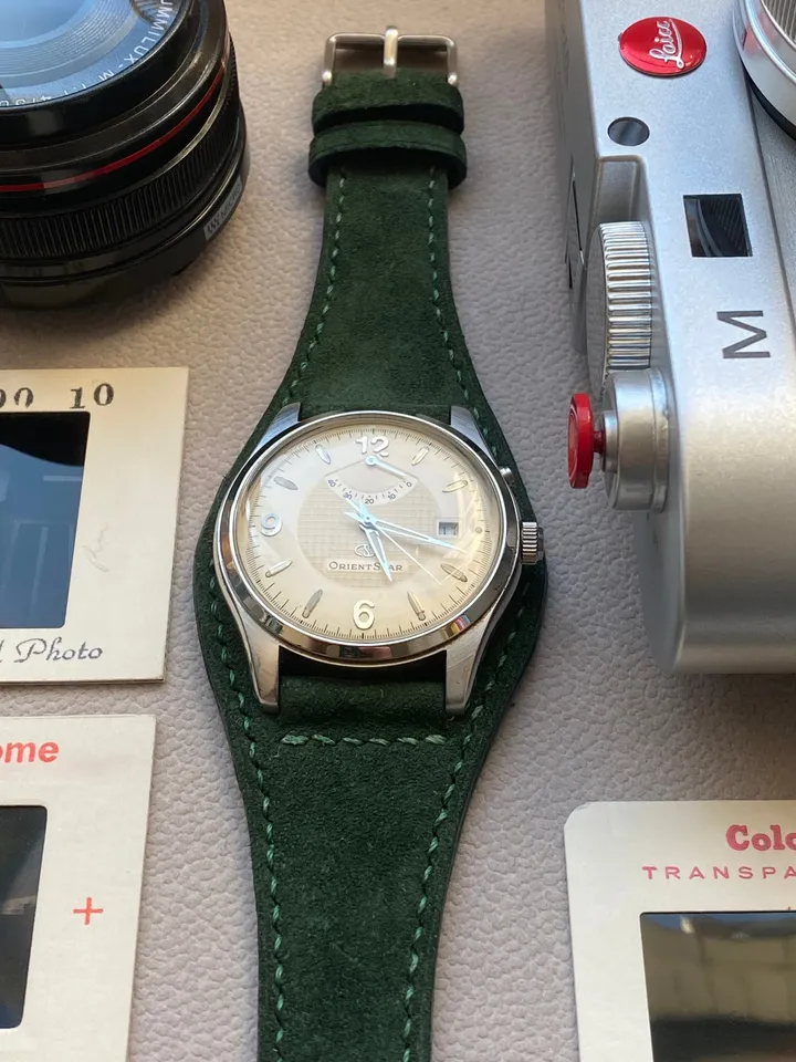 Green Suede Leather Cuff Band, Leather Watch Strap in 20mm, Bund Strap, Mens Wristwatch Band, Uhrenarmband, Armband, Valentines Day Gift