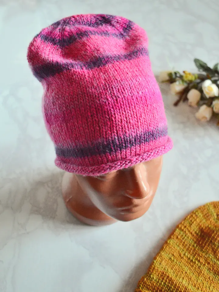 Bright pink knit beanie hat for women