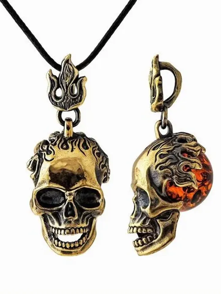 Gold Skull Men Necklace Pendant cord Punk Hip Hop for Boyfriend Male Stainless Steel Brass Baltic Amber Jewelry Men