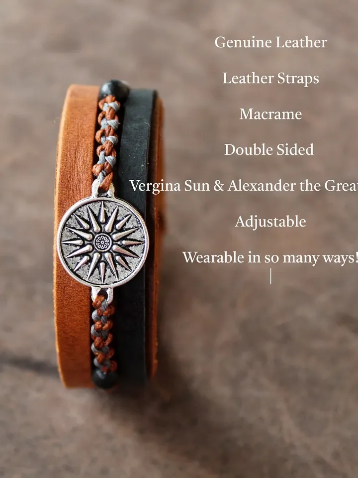 Vergina Sun, Men Leather Strap Bracelet, Double Sided Charm, Alexander the Great, Greek Leather Bracelet, Multistrand, Macrame, Gift for Him