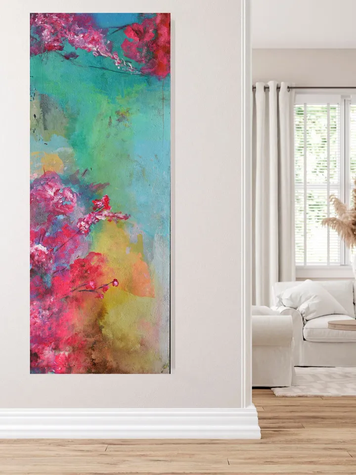 Abstract Floral Painting, Large Floral Wall Art, Long Narrow art, Pink Abstract Floral Art, Original Artwork, Floral Painting on Canvas