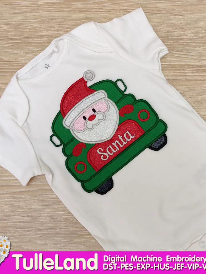 Merry Christmas truck Santa Retro Truck Monster Truck Santa Kids Design applique for Machine Embroidery