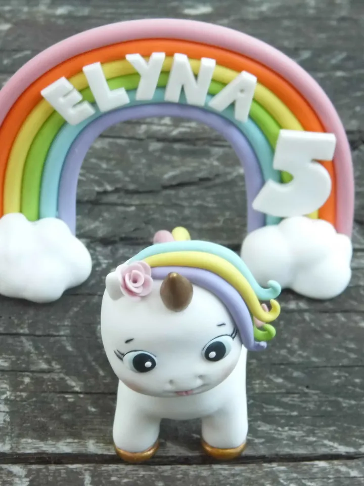 Fondant Unicorn Rainbow Birthday Cake Topper, Unicorn Birthday Themed Party, Personalized Unicorn Rainbow Birthday Cake Topper Figurine Gift