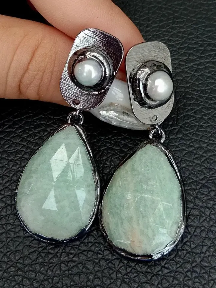 Green Gemstone Pearl Earrings, Amazonite Earrings, Teardrop Earrings, Amazonite and Pearl Earrings, Green Teardrop Earrings, Boho Jewellery