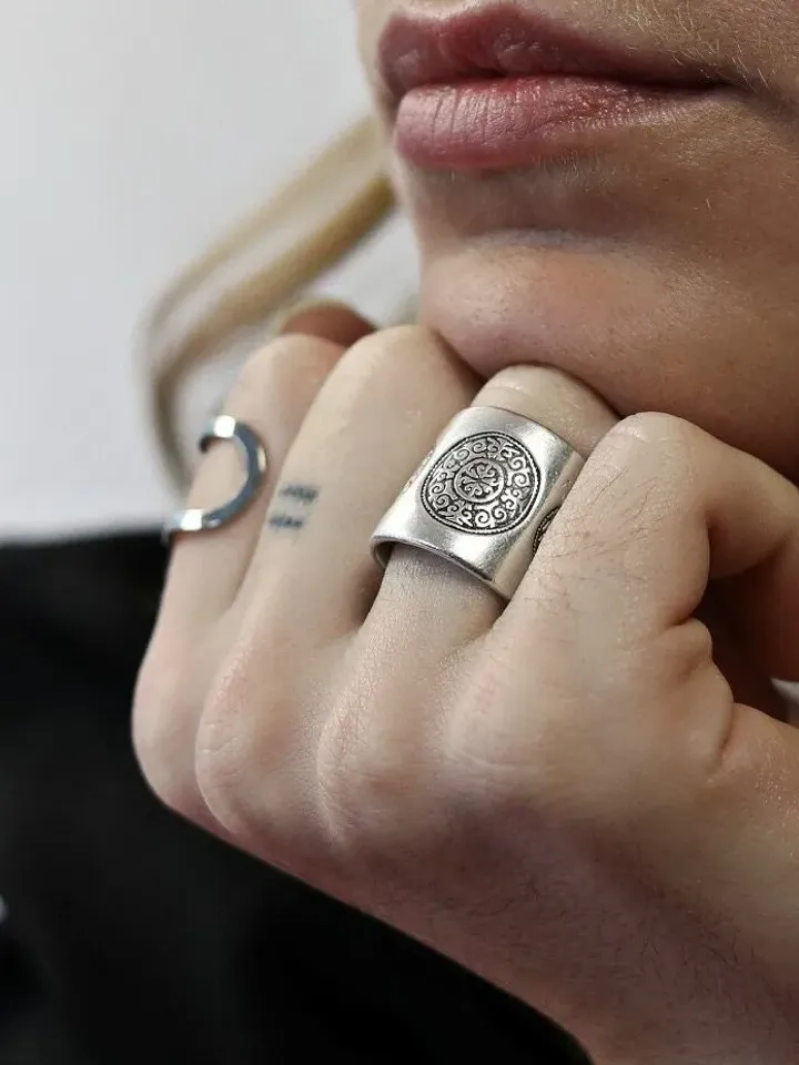 Thick Mandala Ring Antique Silver, Modern Geometric Circles Ring, Bohemian Gipsy Jewelry, Statement Open Band Ring, Contemporary Gifts
